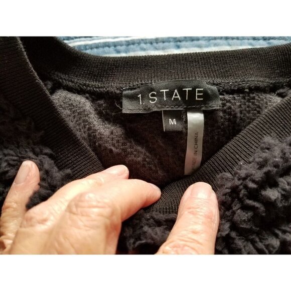 1.State Rich Black Teddy Bear Soft Long Sleeve Sparkly Trim Sweatshirt Womens M - Picture 5 of 8